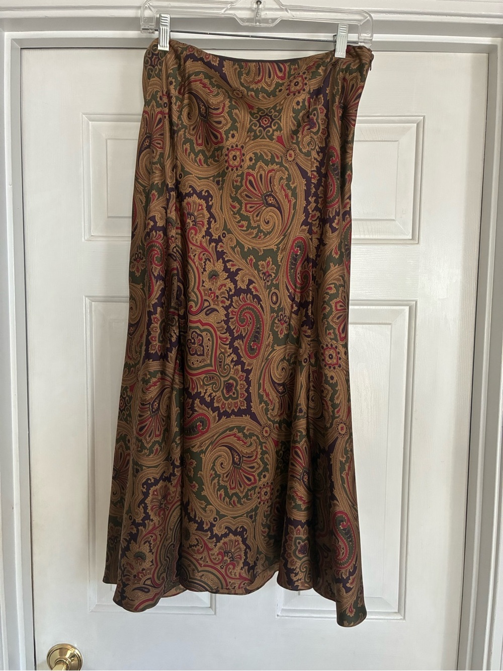 Ralph Lauren Silk Paisley Maxi Skirt in Brown, Burgundy, Olive